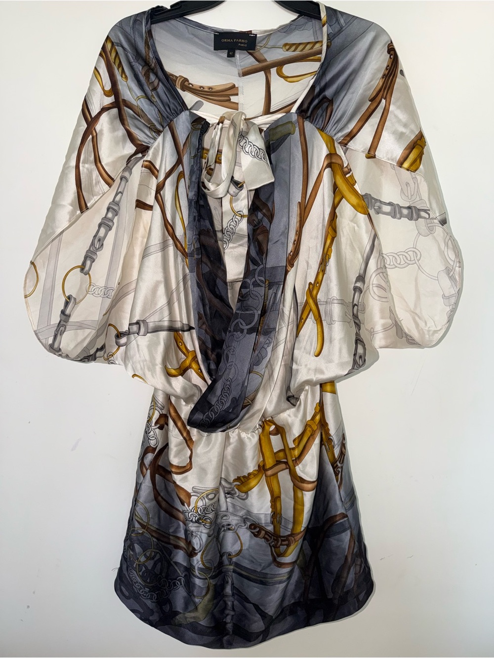 Sheer Ivory & Gold-Print Mini Dress with Tie Neck